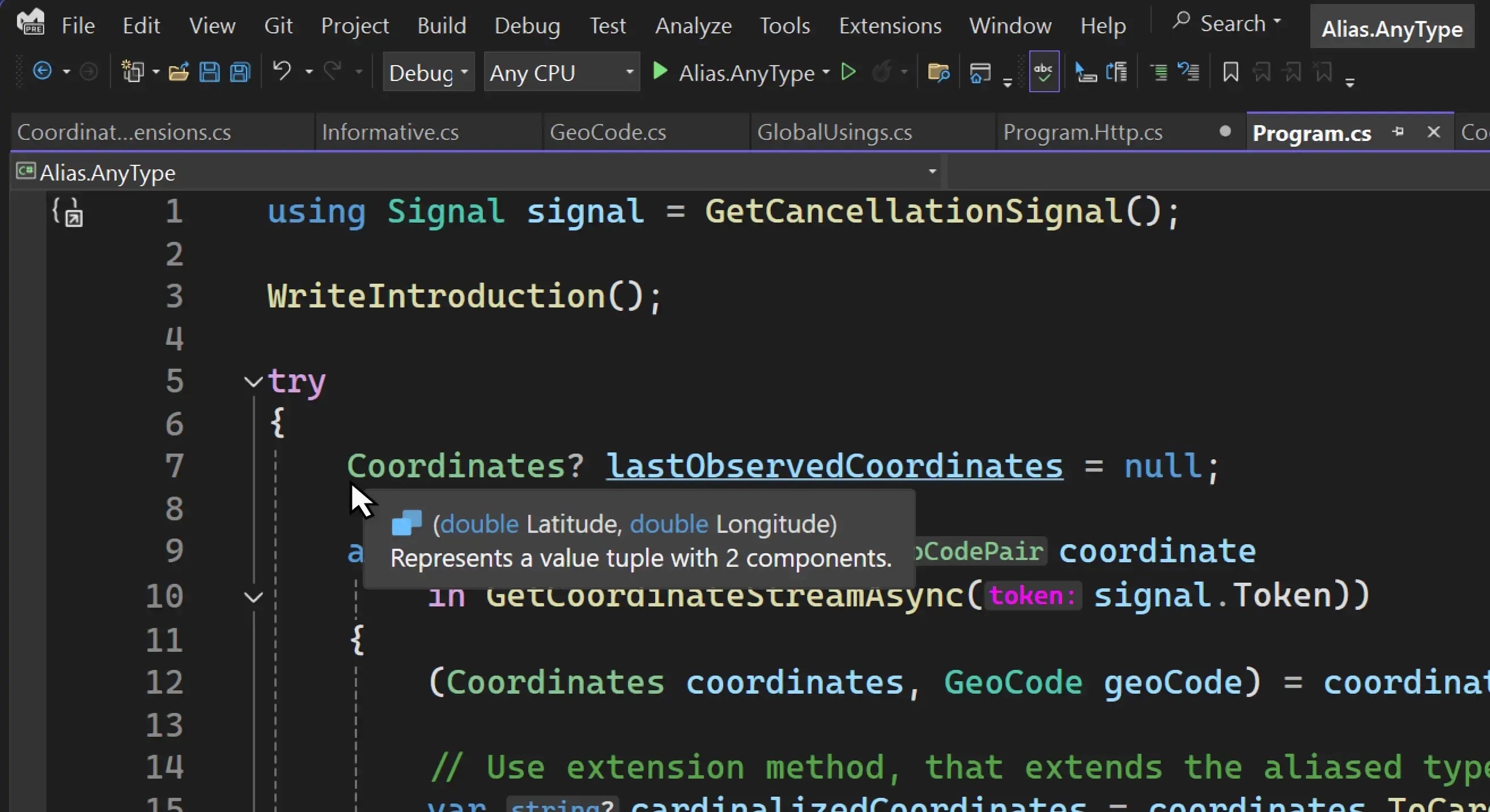 Visual Studio: 将鼠标悬停在Coordinates类型声明上以显示它是一个value tuple（double，double）。