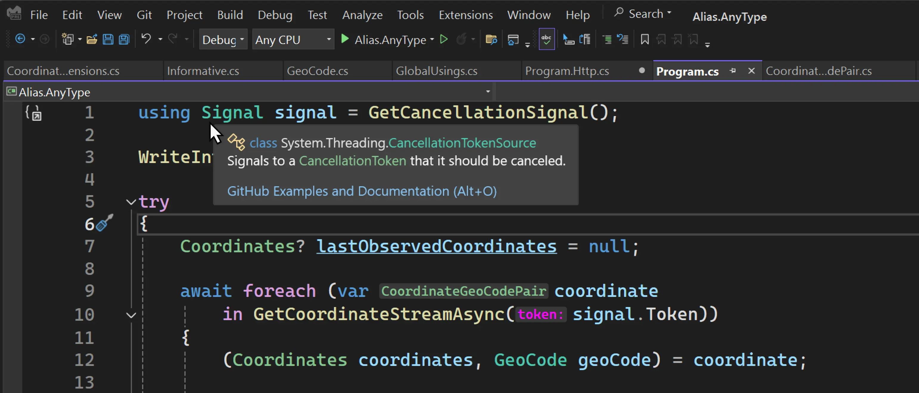 Visual Studio: 将鼠标悬停在Signal类型声明上以显示它是CancellationTokenSource。