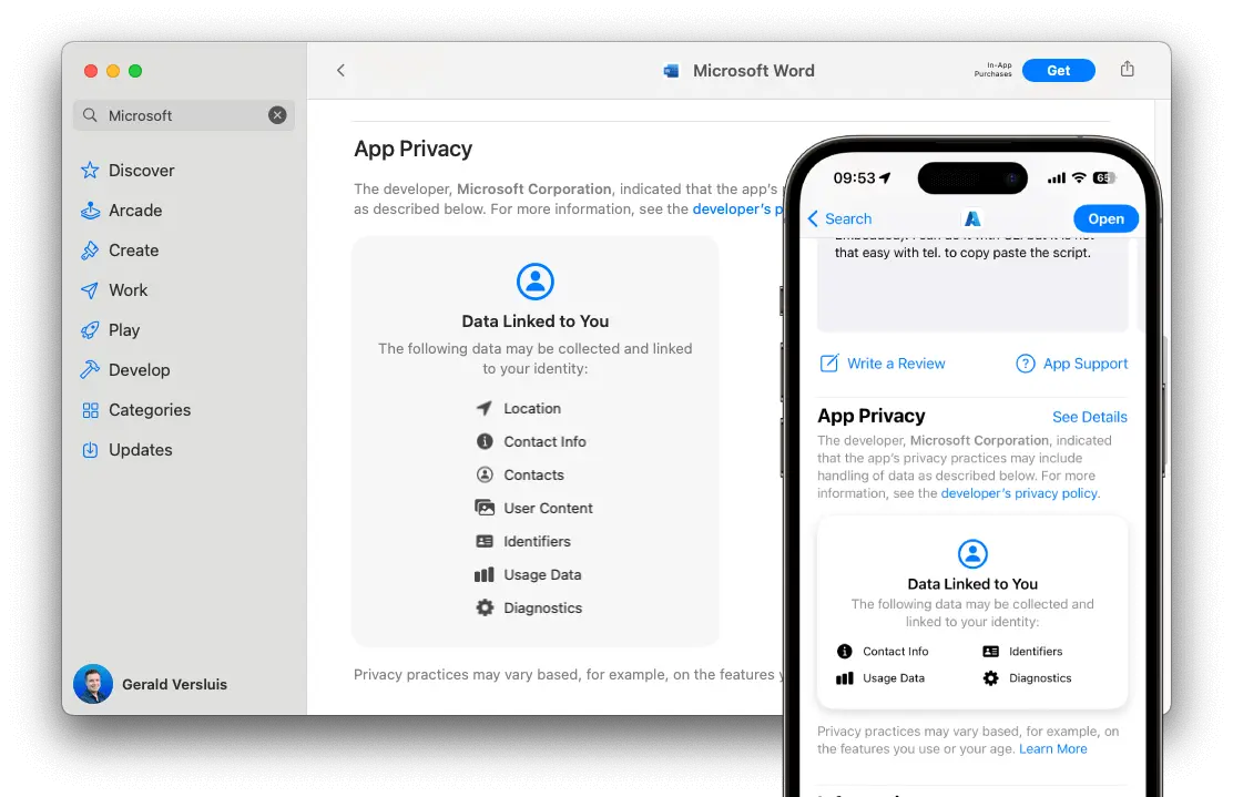 macOS 和 iOS 上的 Microsoft Word 和 Azure 应用的 App Store 列表，显示 App 隐私部分。