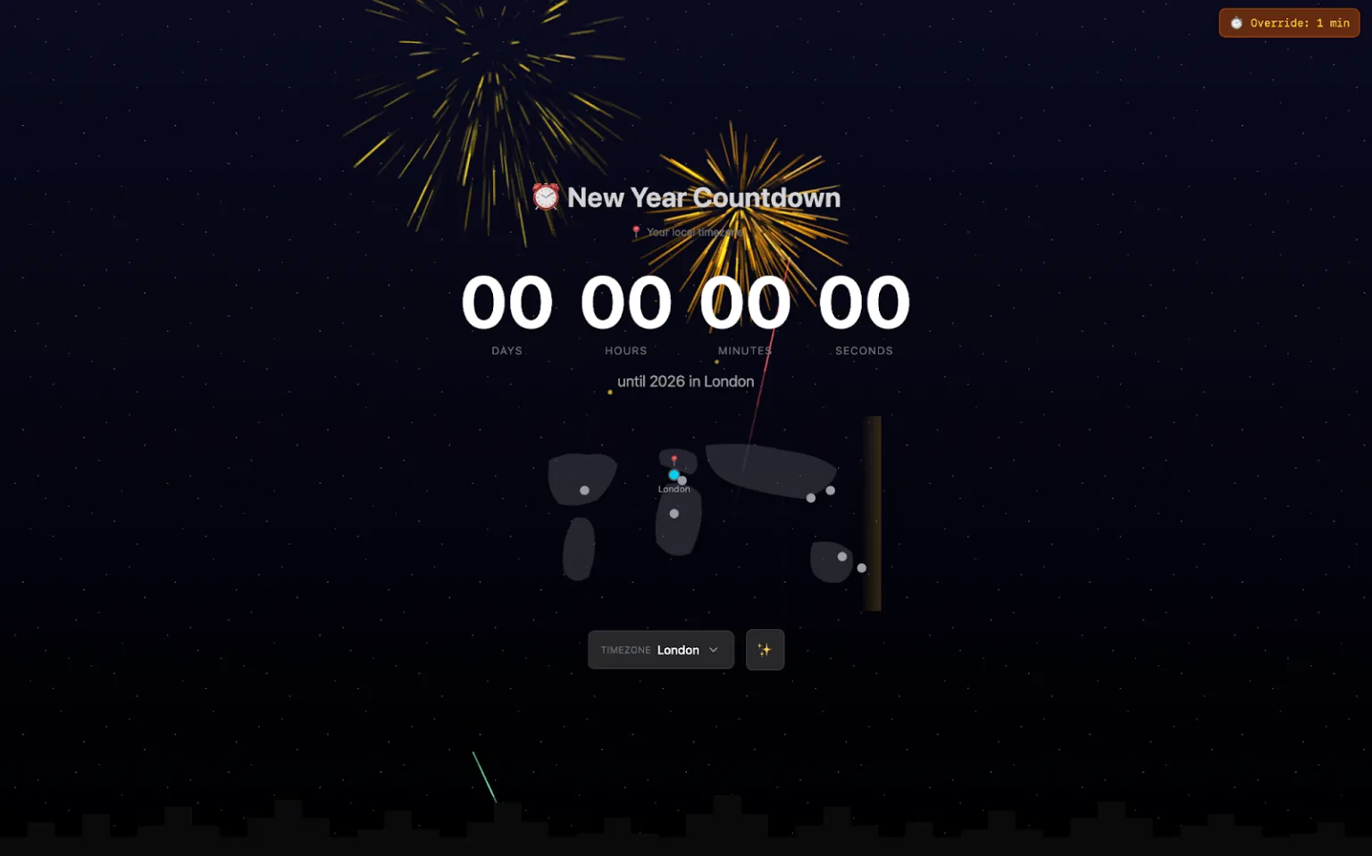 Screenshot from the countdown app showing fireworks celebration.