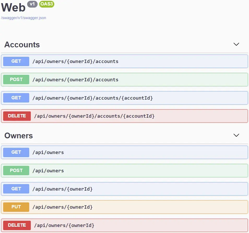 Swagger UI showing the Owners and Accounts API endpoints.