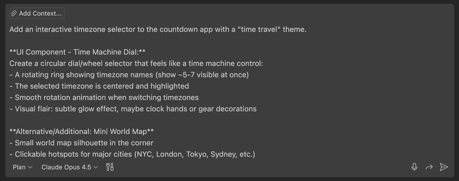 Screenshot of the input box for Copilot Chat in Visual Studio Code with a prompt for an interactive timezone selector.