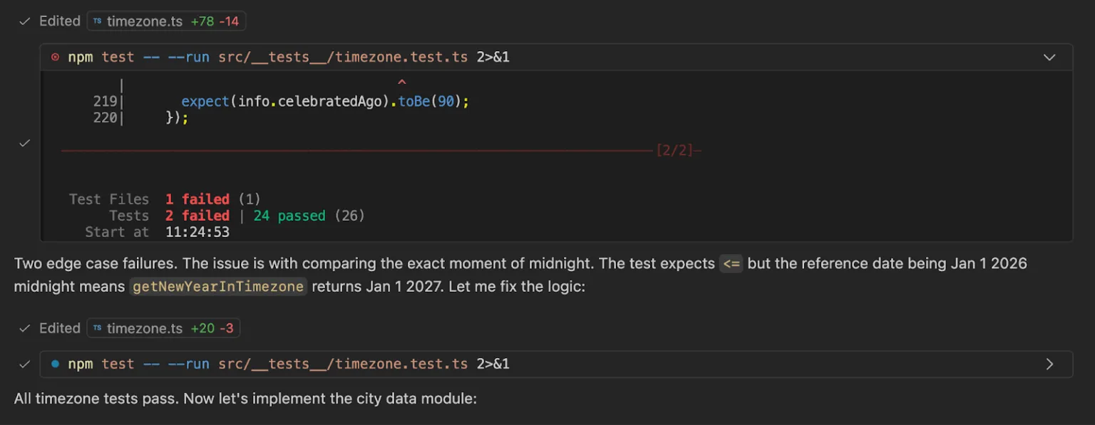 Screenshot of Copilot Chat in Visual Studio Code showing GitHub Copilot making implementation changes and running tests.