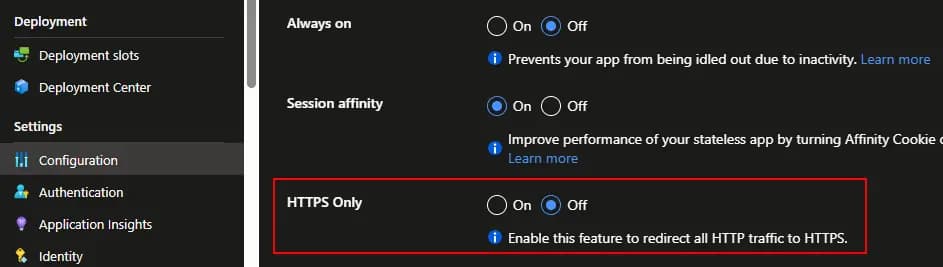 turn off https only forazure web app