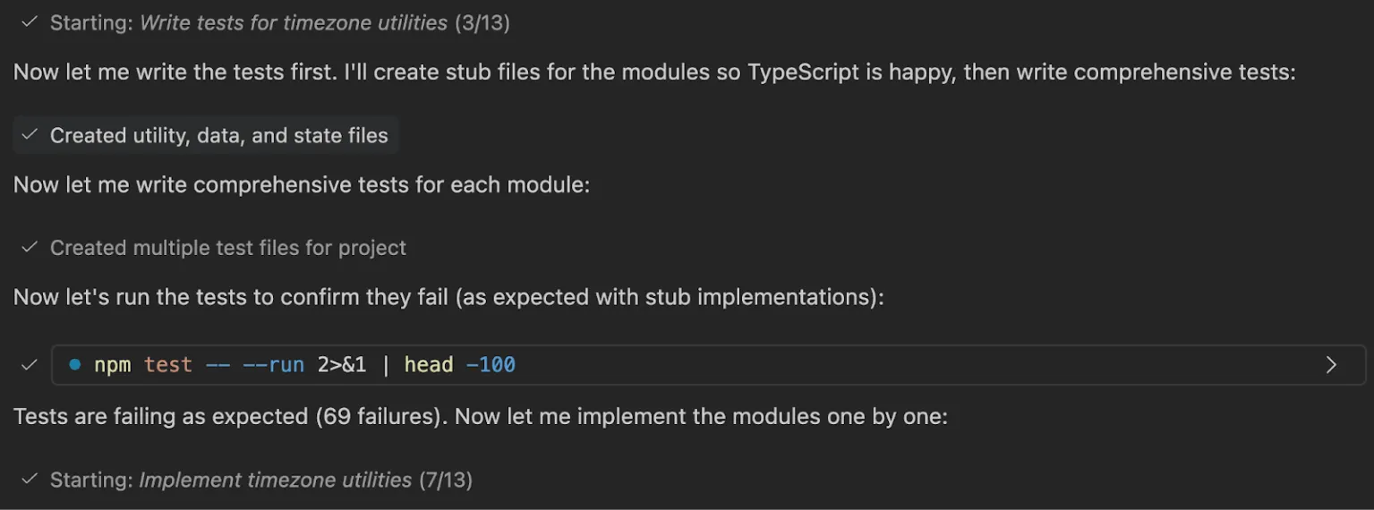 Screenshot of Copilot Chat in Visual Studio Code showing GitHub Copilot following a TDD cycle.